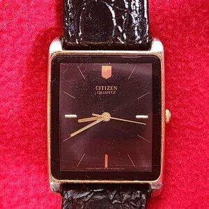 Citizen Watch Co. Black Square Face Gold Accents Quartz Watch with Leather Strap